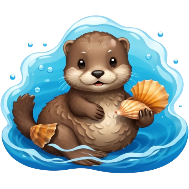 adorable otter floating on clearly visible blue water with waves, holding a shell emoji