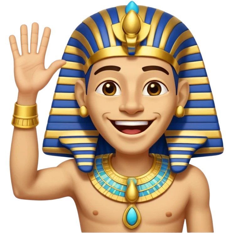 Animated sticker of a funny Ancient Egyptian Pharaoh laughing and energetically waving his hand, welcoming new members, cartoonish style, colorful with shiny gold details, expressive face, small and clear for Discord use, playful and lively motion.
 emoji