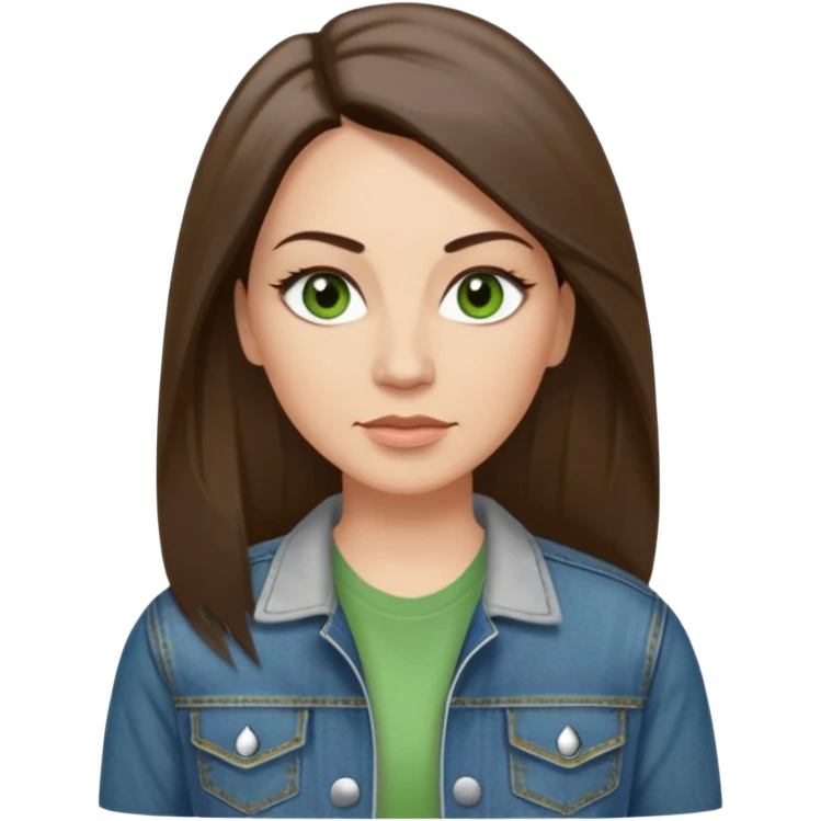 43 year old Adult woman avatar, light skin tone, long, oval face, long straight ashy brown hair, green almond-shaped eyes with dramatic eyelashes and minimal eyeliner, neutral mouth, medium straight eyebrows, small nose, smooth skin,  white t shirt, denim jacket emoji