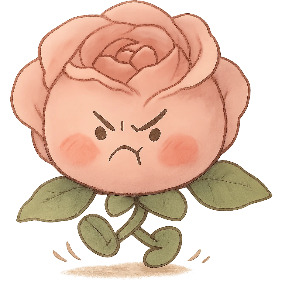 soft pink rose flower with puffed cheeks and an angry pouty face, stomping adorably, pastel tones, chibi round shape, soft Ghibli style emoji