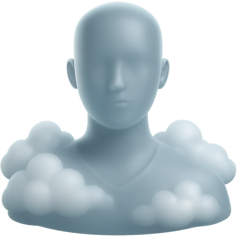 person looking straight ahead, shoulders filled with puffy white clouds, matte glass style emoji