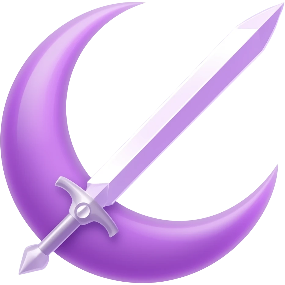 Glowing purple detailed crescent moon with an elegant detailed glowing purple transparent sword, emoji style. Soft violet and pink glow, minimal clean design, smooth edges, subtle lighting, centered, high contrast, transparent background. emoji