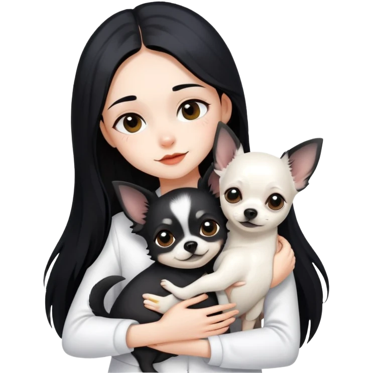 Fair skin girl - long black hair - white clothes - hugging a black chihuahua emoji