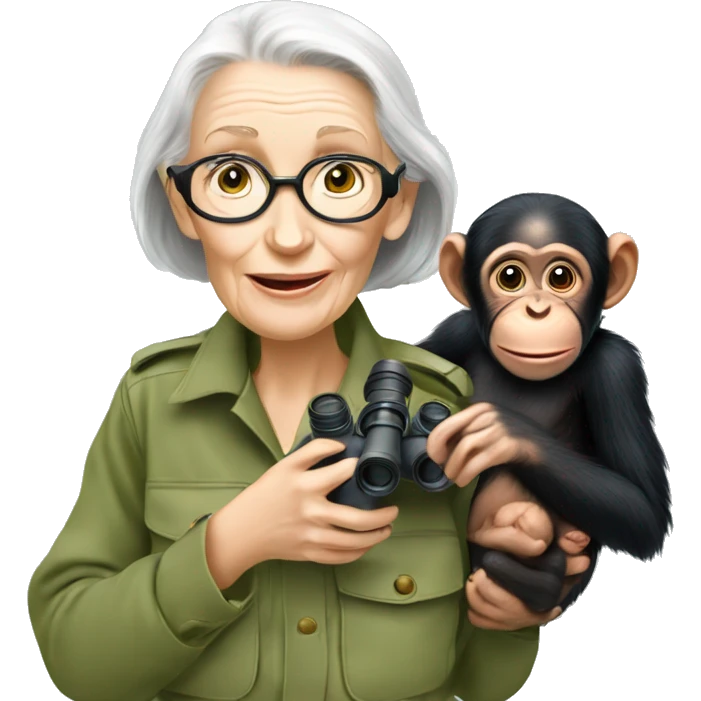 Jane Goodall with binoculars and a baby chimpanzee emoji