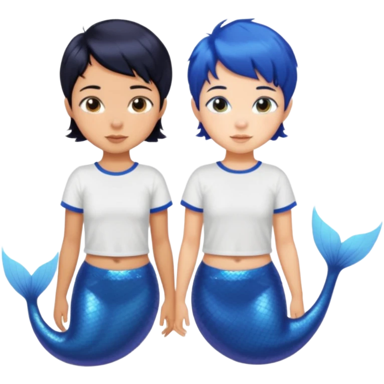 tanned skin, black haired, sibling mermaids, one with short hair and the other with pixie cut. both wearing t shirts with blue tails emoji