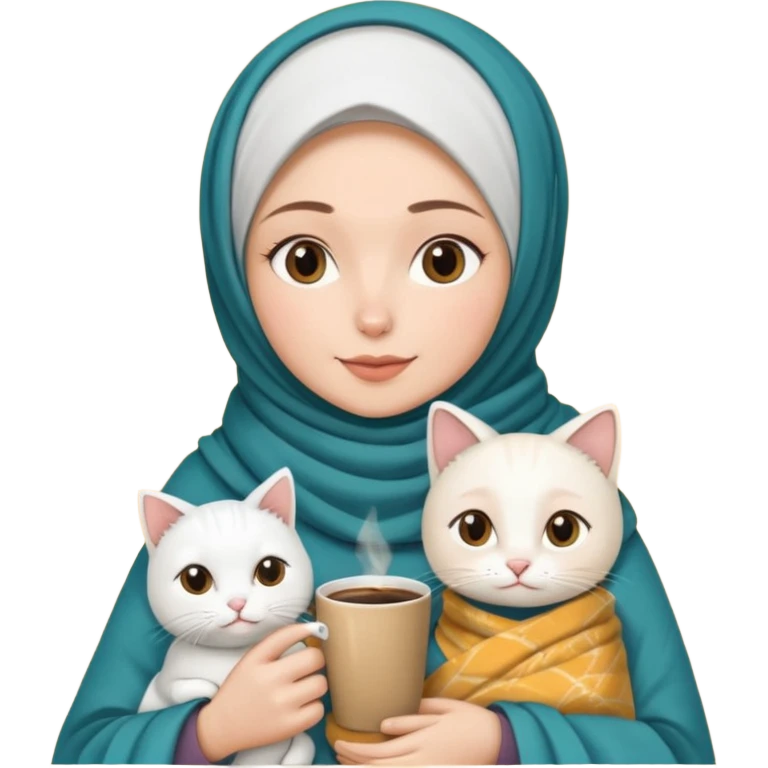 hijap bayan elinde kahve ve battaniyesi ve kucagında beyaz kedi emoji