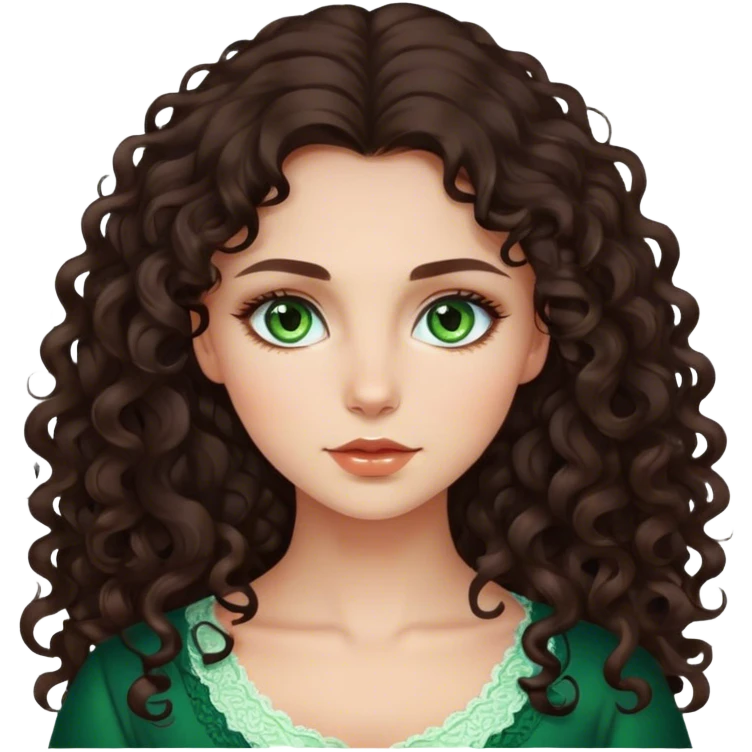 Beautiful Russian girl green eyes very long curly dark brown hair  emoji