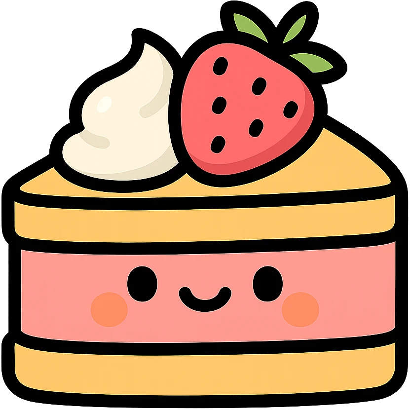 cute strawberry cake with whipped cream, smiling face, kawaii, soft light, hand-drawn look emoji