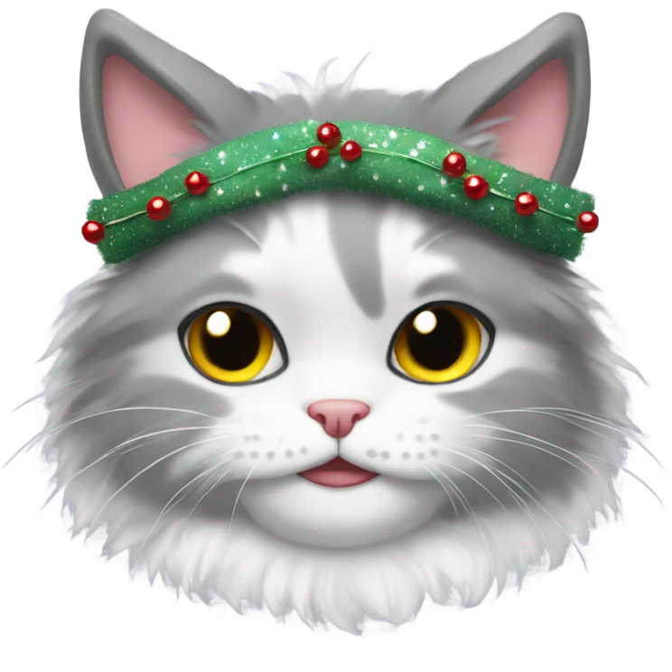 Grey and white fluffy cat with a Christmas headband  emoji