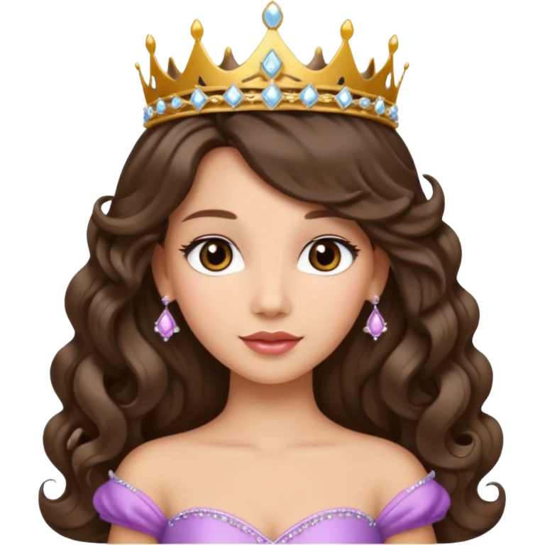 Princess with long glam curled hair, dark brown eyes, light skin tone.  emoji