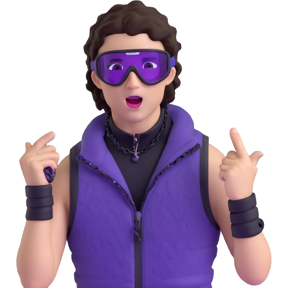 close-up of bad guy male athlete with white skin and moderately curly dark brown hair on top with shaved sides, wearing ski goggles with purple frames and very dark black lenses, a simple plain black chain necklace, and a completely unzipped sleeveless vest with purple and black sequin fire pattern design with no logo, pulling his tongue out very far in an exaggerated mocking gesture, looking menacing and villainous emoji