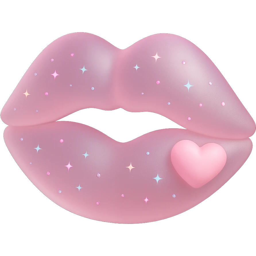 Add a small pastel pink heart accent to the 3D pastel pink kiss mark with sparkles, keep the background transparent. emoji