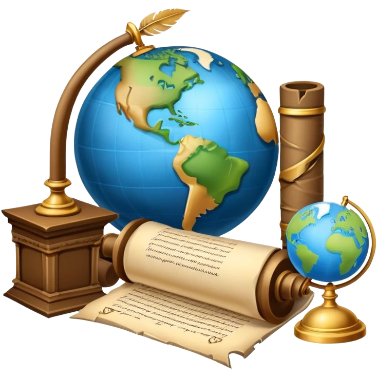 An icon featuring an ancient scroll, a quill pen, and a globe, symbolizing the study of history. The design includes a timeline with significant historical events, with ruins in the background to evoke past civilizations. Transparent background emphasizes the exploration of human history emoji