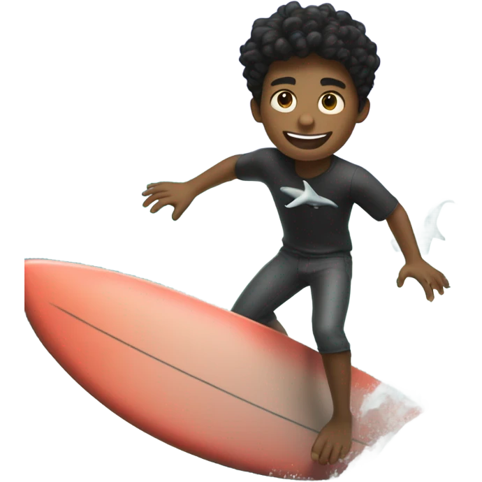 black haired boy portrait riding on a surfboard with a shark in the ocean emoji