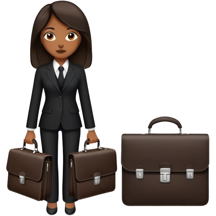 dark brown woman with dark brown shoulder length straight hair in a black pant suit executive with briefcase emoji