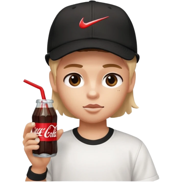 generate a pretty bratz boy with a nike black baseball cap, a white tshirt and drinking coke  emoji