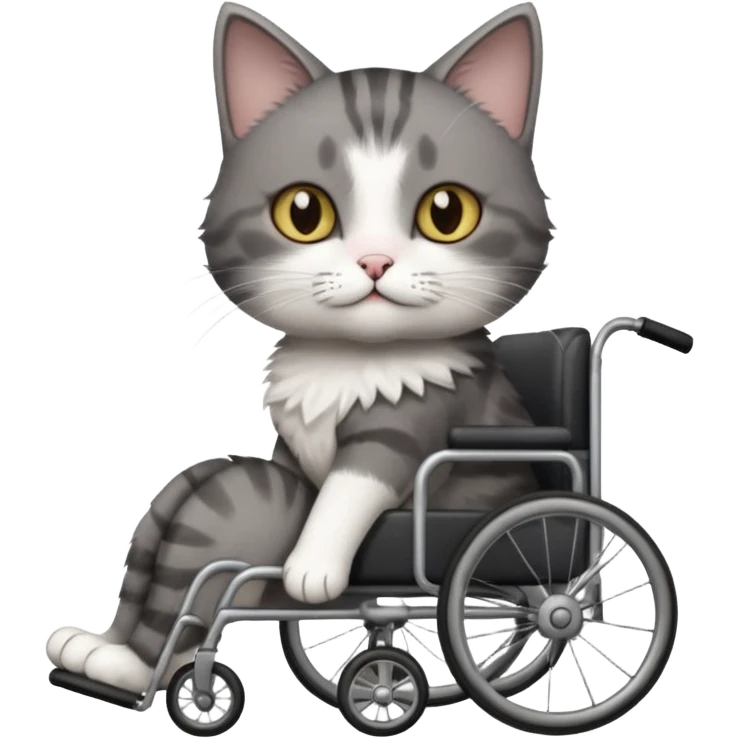 full body small short hair dark grey and white cat with hazel eyes walking in a wheelchair for cats emoji