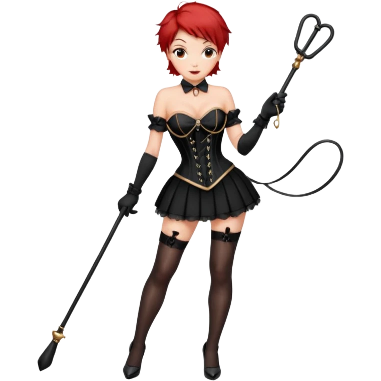 Mistress red short hair long black gloves small skirt black stockings high heels italian girl sexy black corset dominant girl e whip on hand emoji