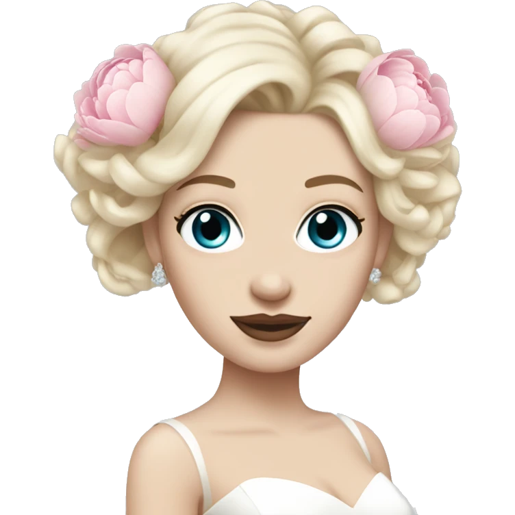 White bride with long light blonde hair and blue eyes with light pink peonies in hair white skin  emoji