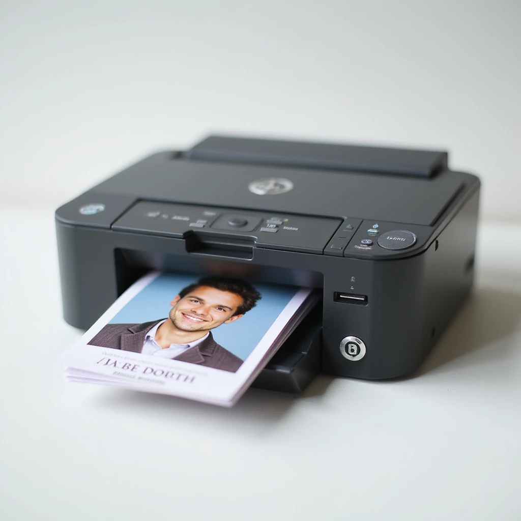 realistic thumbnail image for a passport size photo printing service, showing only a printer and a stack of printed passport photos on a clean background emoji