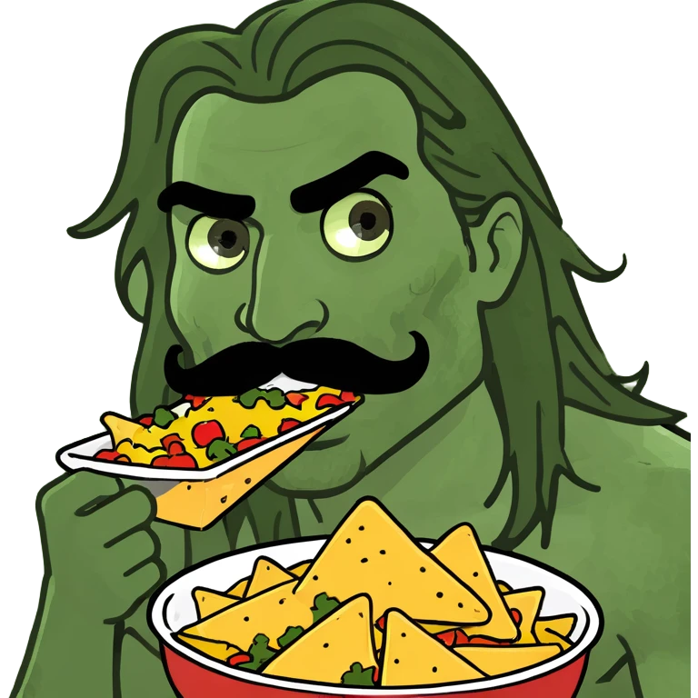 ripped guy with his shirt off and long hair and mustache eating nachos emoji