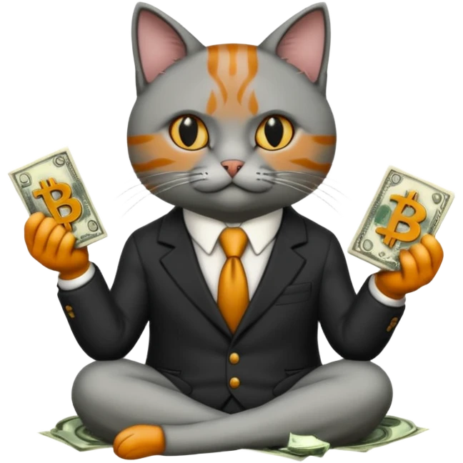 cat mafia corleone sitting on money, bitcoin BTC on hand emoji