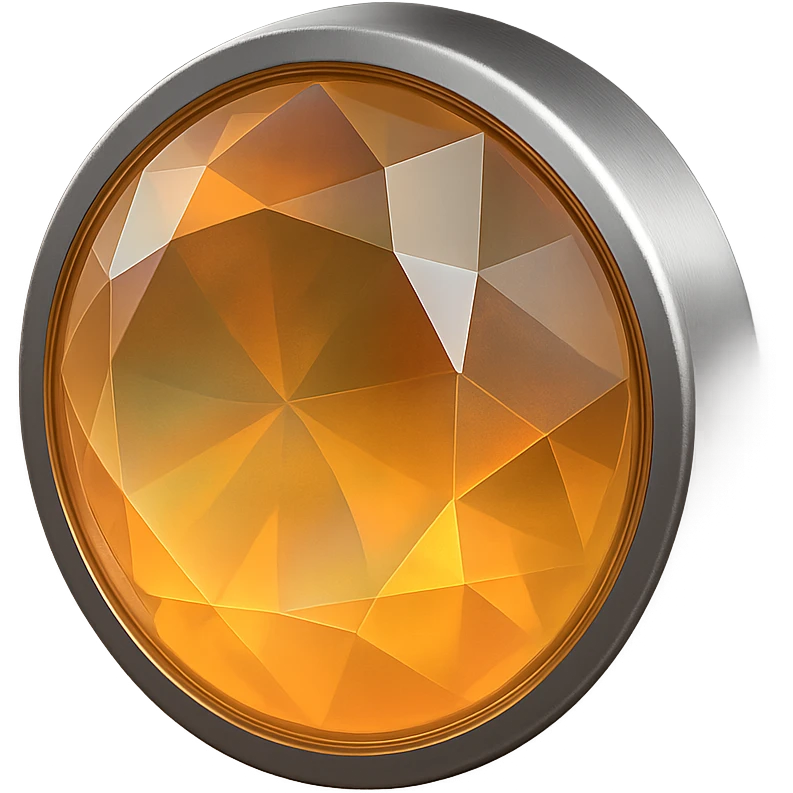 extreme close up of a round cut holographic amber charm with silver metal accent emoji