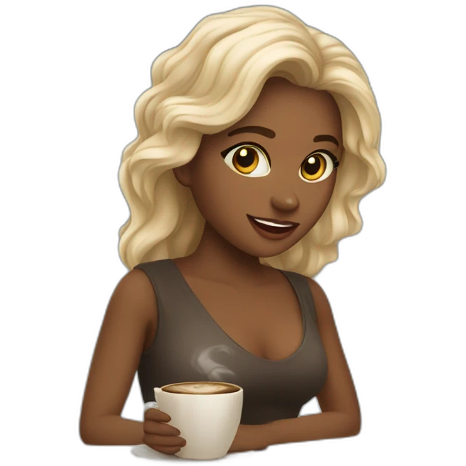 Mujer blana y joven con cabello melena con MacBook y un cafe emoji