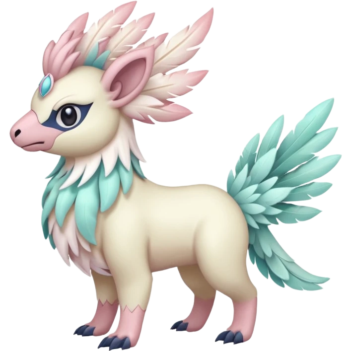 Floral feathery pastel pink beige seafoam-colored Absol-Amaura-fusion-Fakemon-animal-creature  emoji