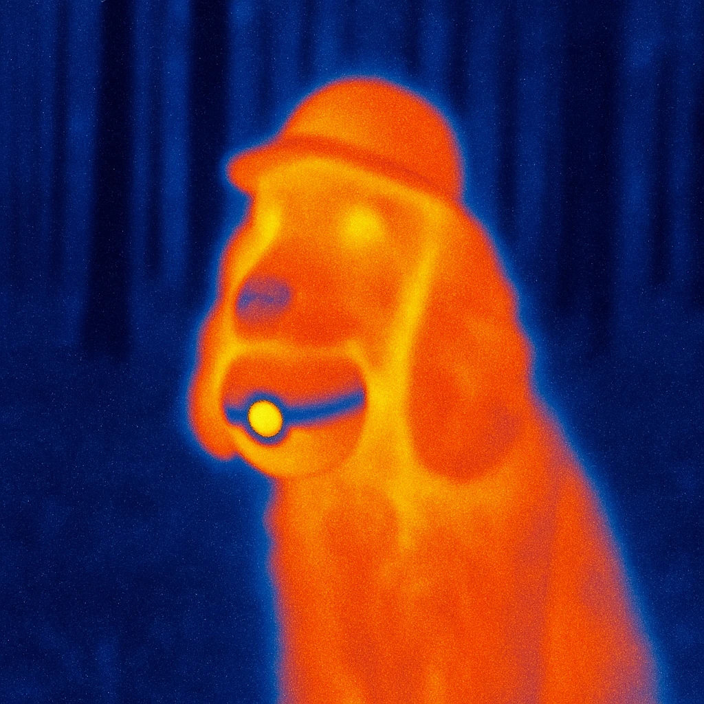 Russian Cocker Spaniel with a Poké Ball in its mouth and a hat with a forest background emoji