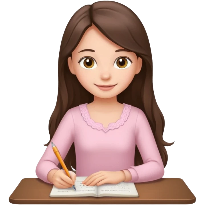 pretty smiling long brunette hair girl with hazel eyes wearing light pink dress writing emoji