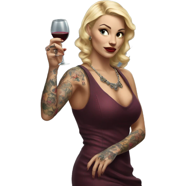 Blonde elegant women, her Body Covered with Tattoos, Wine in her ONE Hand, Pointing Forward with her Other Hand , Hyper realistic emoji