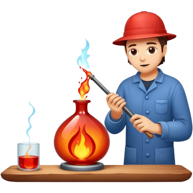 Glassblowing and casting icon, molten glass being shaped into a delicate object with a blowpipe, glowing red-hot glass being poured into a mold, unfinished glass sculpture, minimalistic style, clean lines, transparent background. emoji