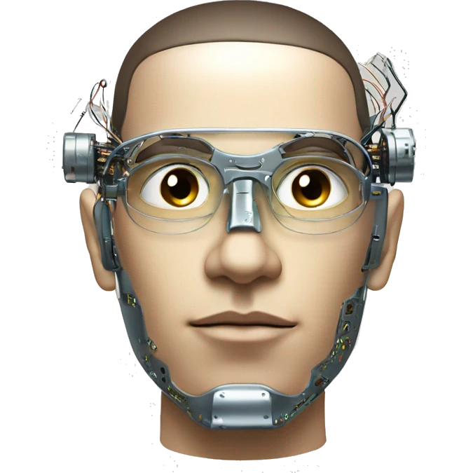 Male cyborg head with metallic plated face, flat top, glasses and circuits emoji