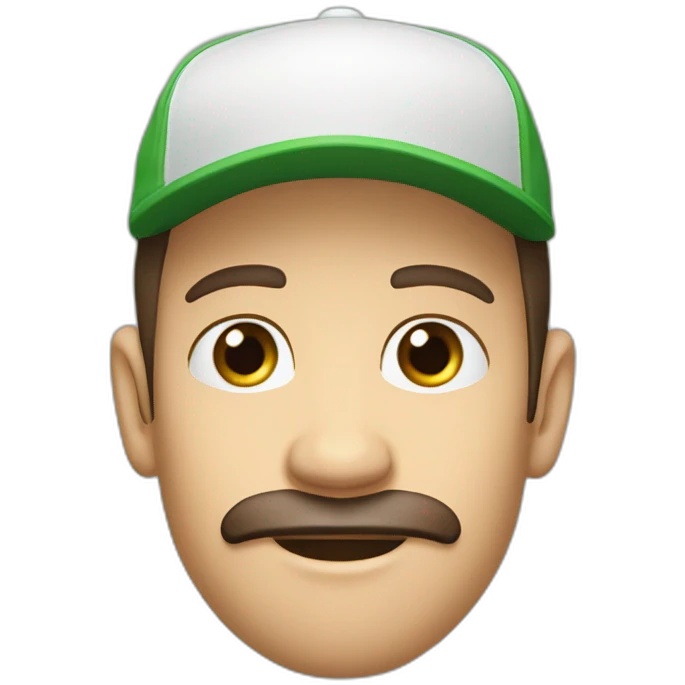 Male, thin face, dark brown beard 10cm long and reaching up to the nose, protruding ears, green eyes, cap. emoji