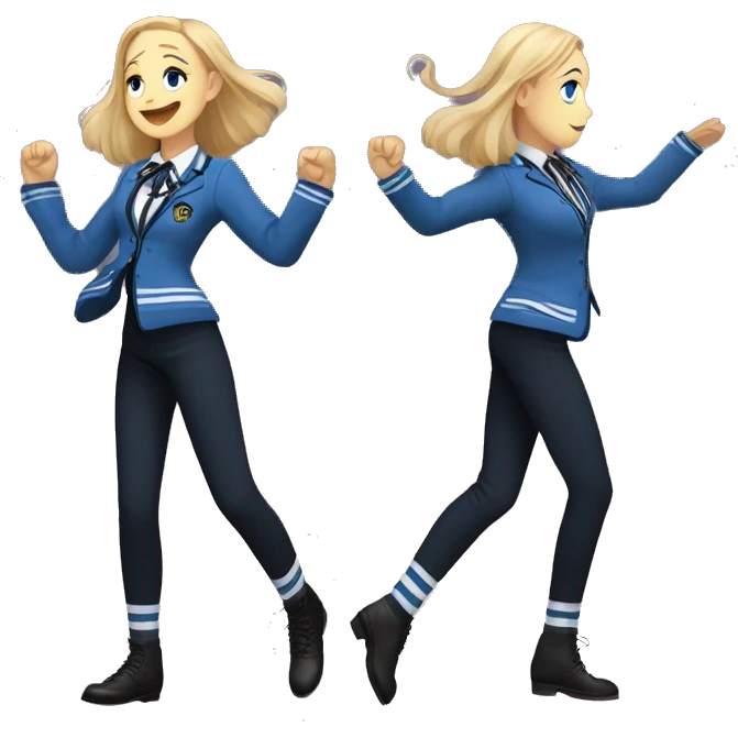 Good time blonde enid sinclair from Nevermore academy in blue and black vertically striped school uniform dancing to music  emoji