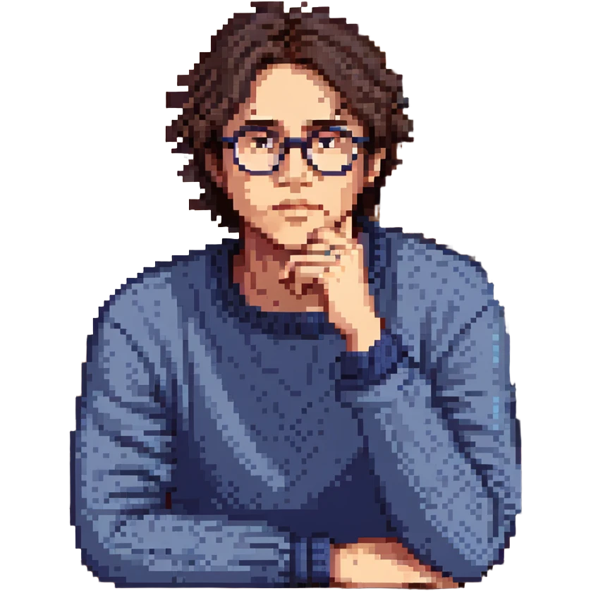 Flat pixel are, calm and curious male thinker, light skin, short tousled dark hair, round glasses, focused expression, wearing an indigo sweater, seated at a desk with open books, one hand resting under his chin in thought, waist-up, front-facing emoji
