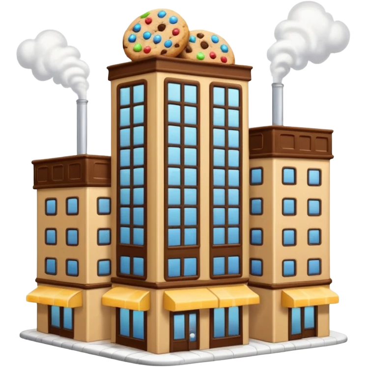 Skyscraper-style cookie factory with multiple floors, glass windows showing cookie production, rooftop steam vents, emoji-style emoji