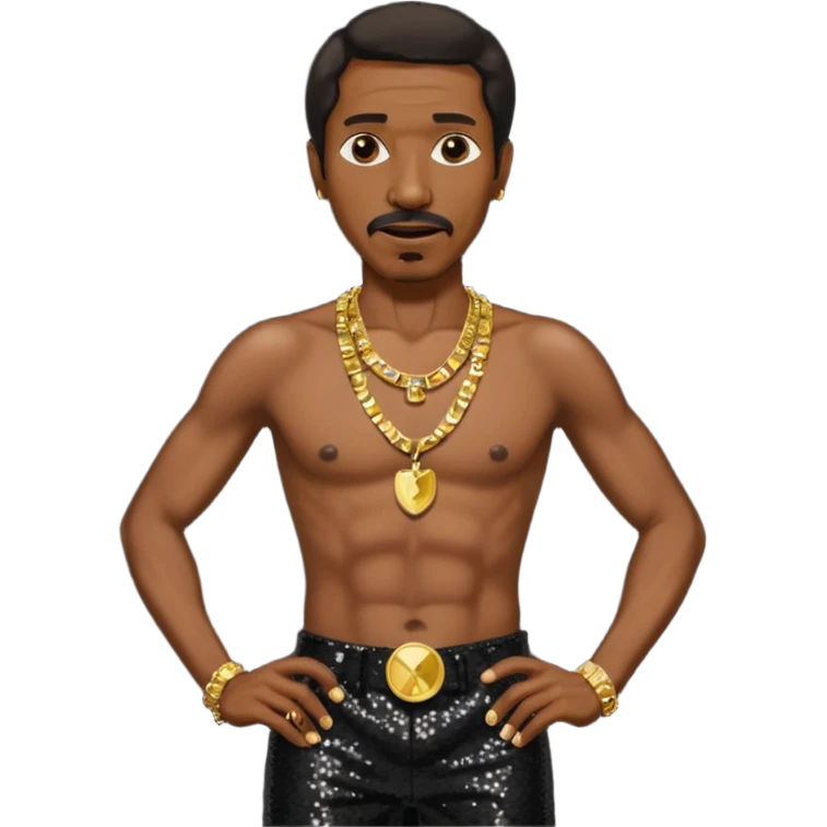 Ike Turner with black sequin baggy pants, shirtless with necklace emoji