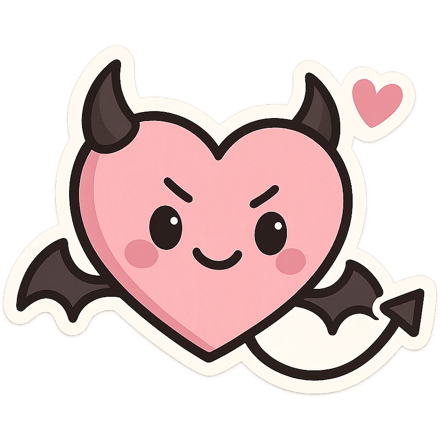 devil emoji, chibi style, pastel pink and black colors, heart-shaped face, tiny horns, cute but mischievous expression, heart motif emoji