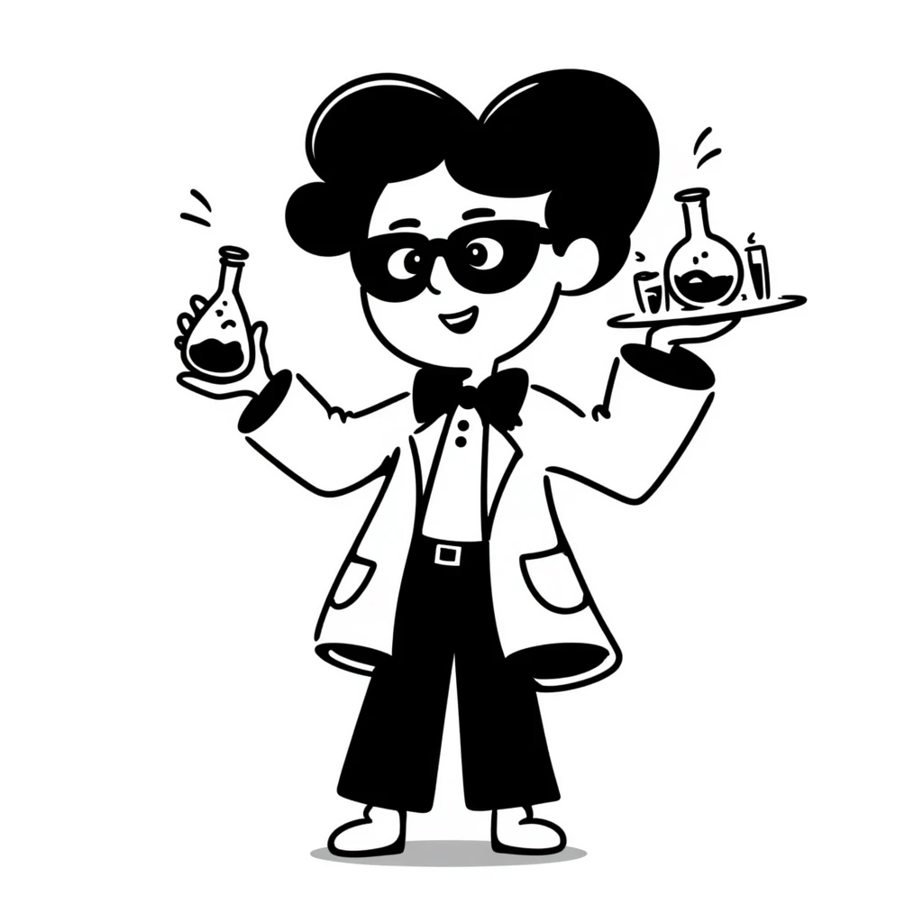hand-drawn quirky chemistry superhero with science tools emoji