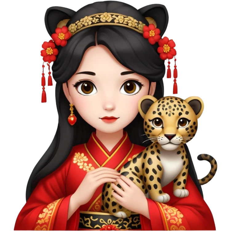 A beautiful girl in red Hanfu wedding dress is holding a black leopard emoji
