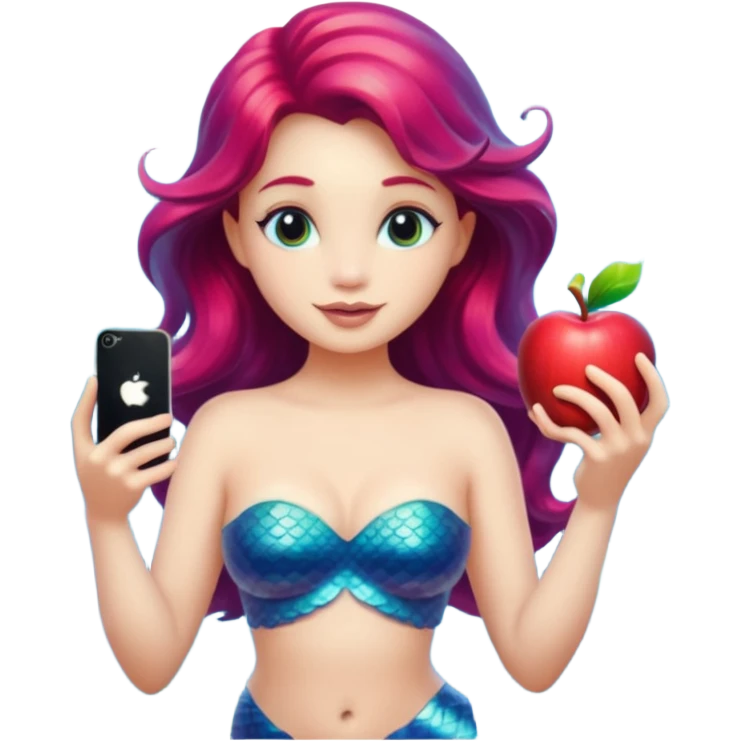 volumetric mermaid with an iPhone next to her, apple emoji style emoji