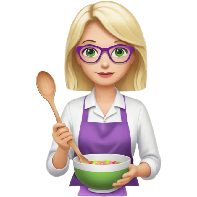 middle aged woman with shoulder length blonde hair, purple glasses, green eyes, flower apron, holding a bowl and mixing spoon emoji