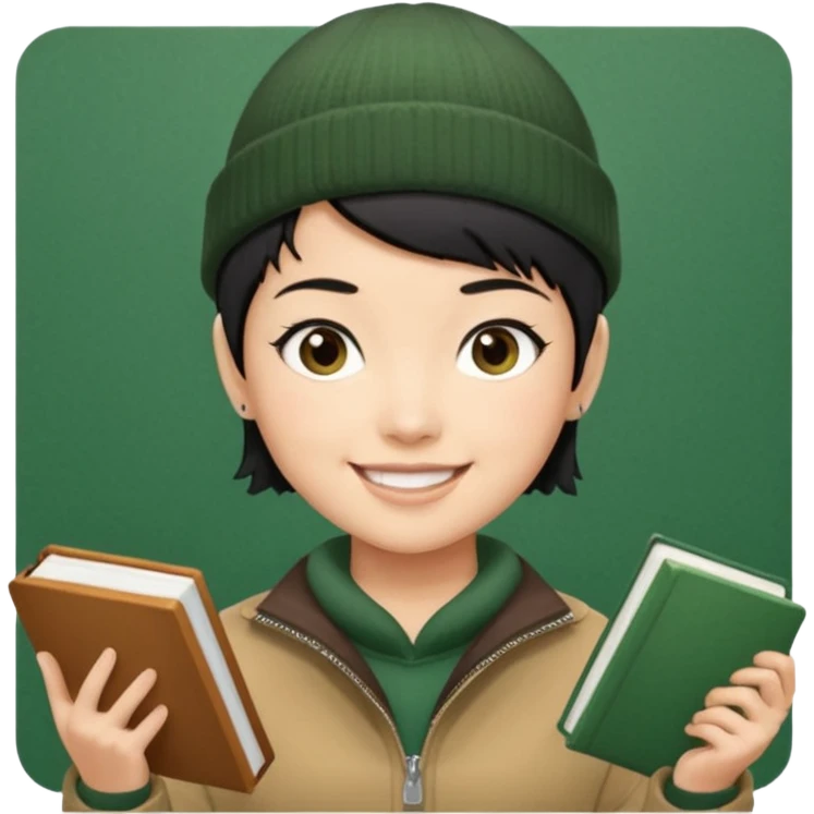 tan skin, non binary asian man with pixie cut black hair, wearing brown jacket and dark green beanie, smiling , holding up books  emoji