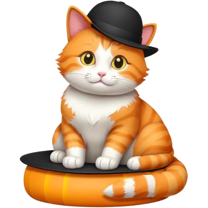 Orange cat sitting in black hat-cilinder with yellow stripe emoji