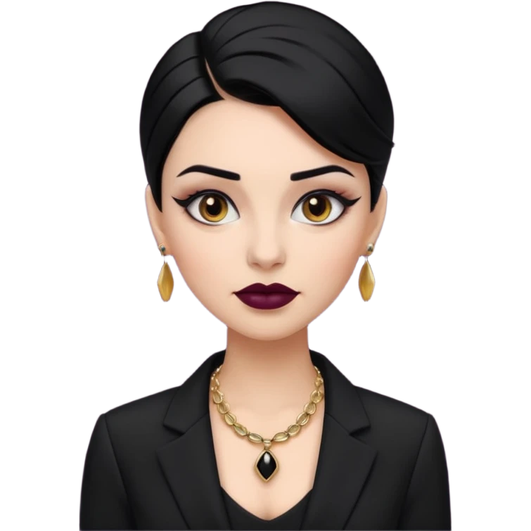 “Emoji girl, sculpted contour, bold dark lipstick, defined brows, sharp eyeliner, sleek black hair updo, statement necklace, black blazer.” emoji