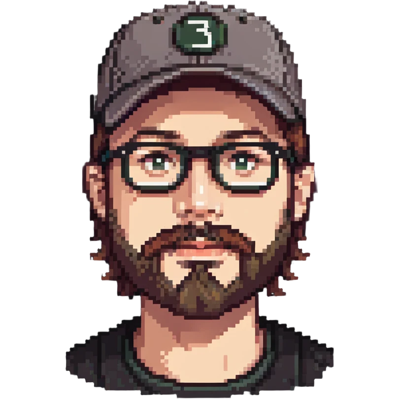 adventurer with goatee beard (no beard on cheeks), short hair, glasses and backwards baseball cap emoji