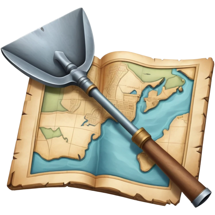 An icon showing a close-up of a shovel, an ancient vessel, and a weathered map, symbolizing archaeology. The design highlights the tools of discovery and the excitement of unearthing historical artifacts. Transparent background emphasizes the focus on the objects. emoji