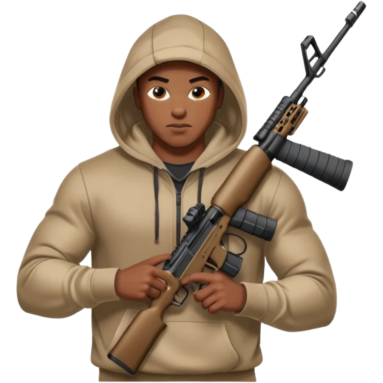 
Fais moi un jeune afro américain qui ressemble a un gangster qui tient une AR15 avec un hoodie a capuche, capuché, avec la cagoule nike therma fit hood emoji